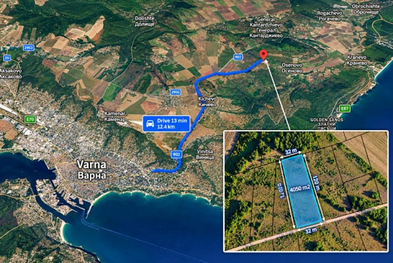 Сельскохозяйственный участок площадью 4050 кв. м, без водоснабжения и электричества, вид на море, 4 км от пляжа.